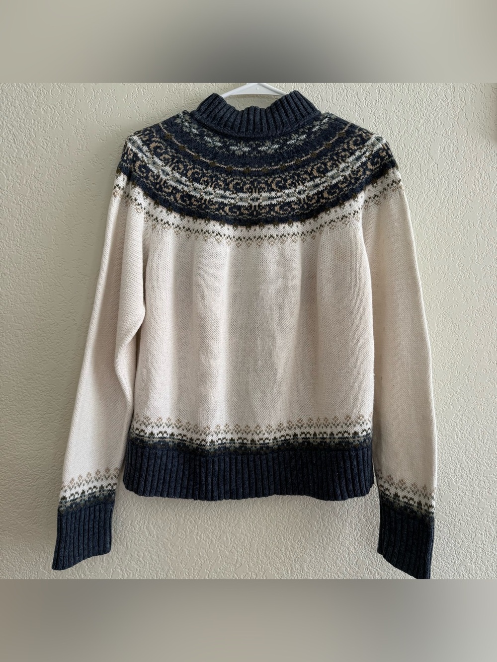 Tiara International Fair Isle Full Zip Cardigan Sweater Knit Cream Navy M/L - Picture 2 of 5